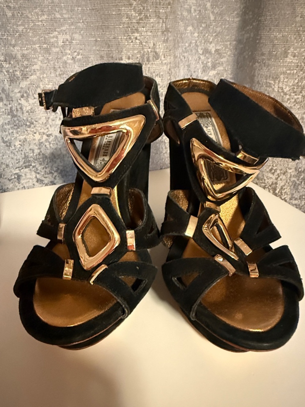 Ivy Kirzhner Black Suede Heeled Sandals with Gold Hardware